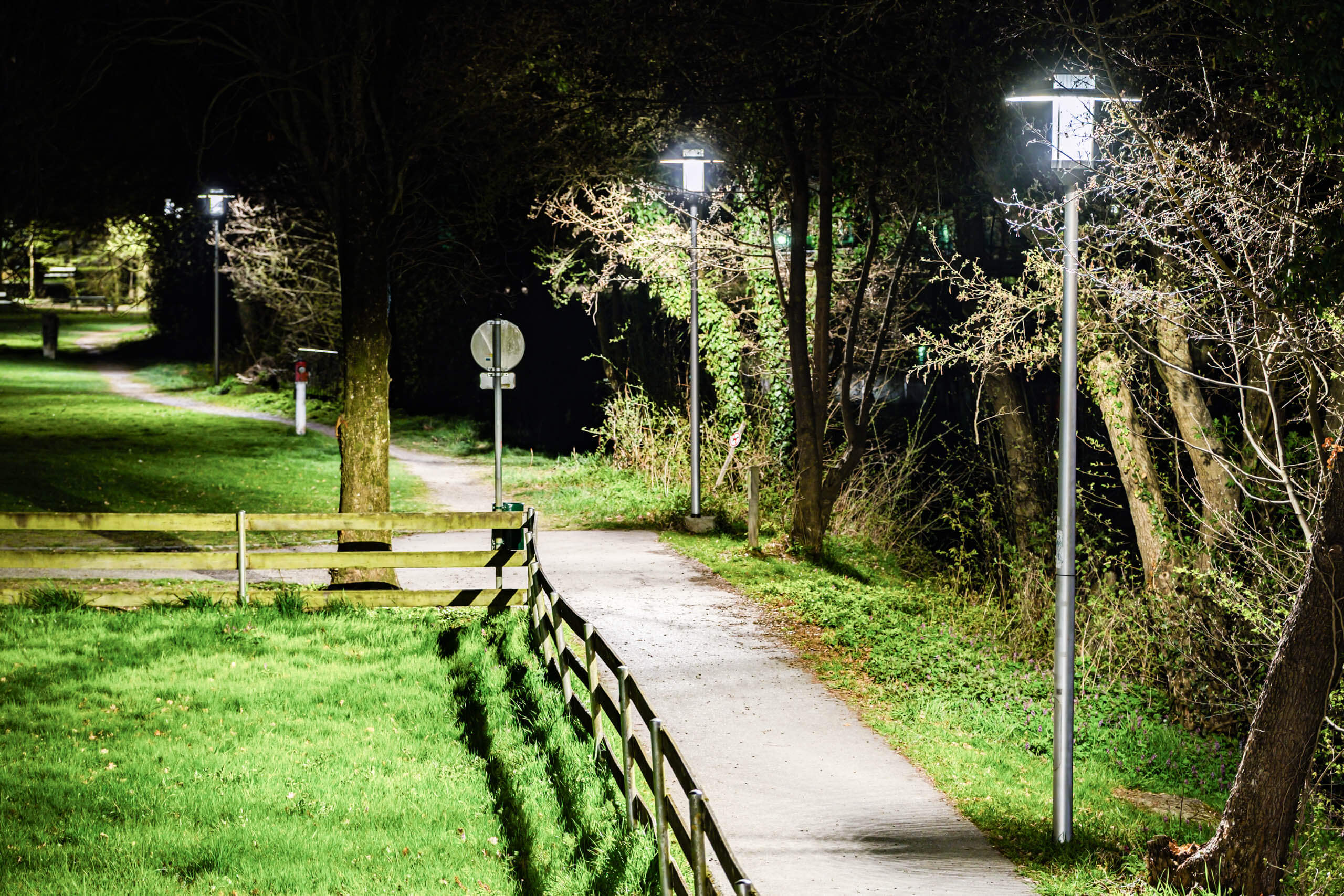 Beleuchteter Parkweg mit Bäumen und Holzzaun bei Nacht