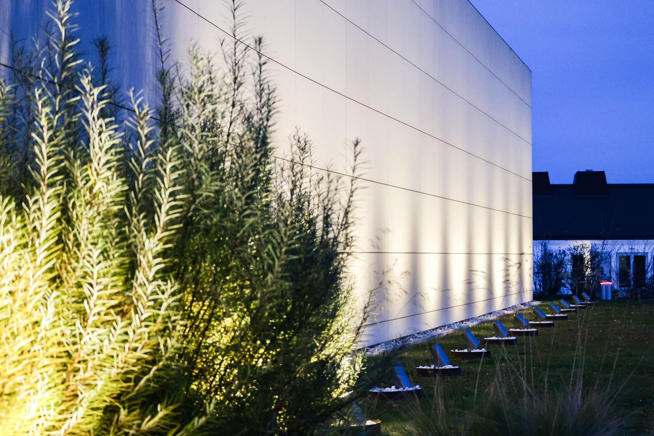 Beleuchtete Architektur mit Pflanzen und Rasen im Abendlicht – Lichtplanung von Illumina.
