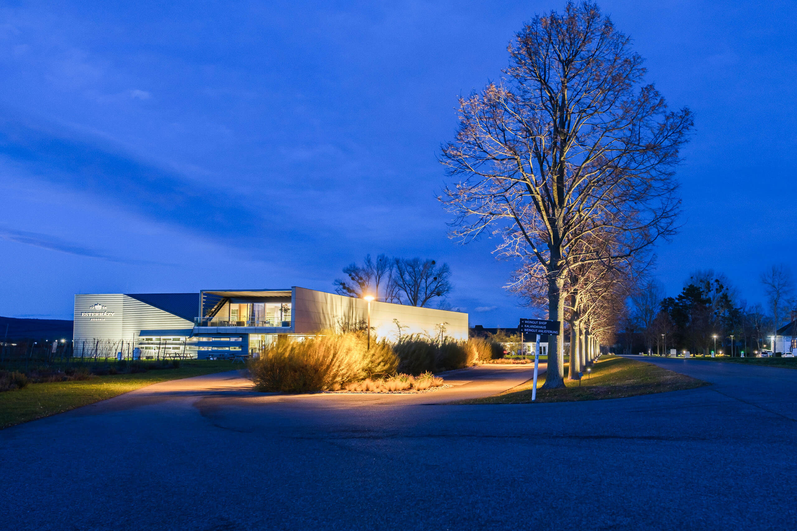 Moderne Architektur mit Außenbeleuchtung im Abendlicht, Illumina Lichtplanung.