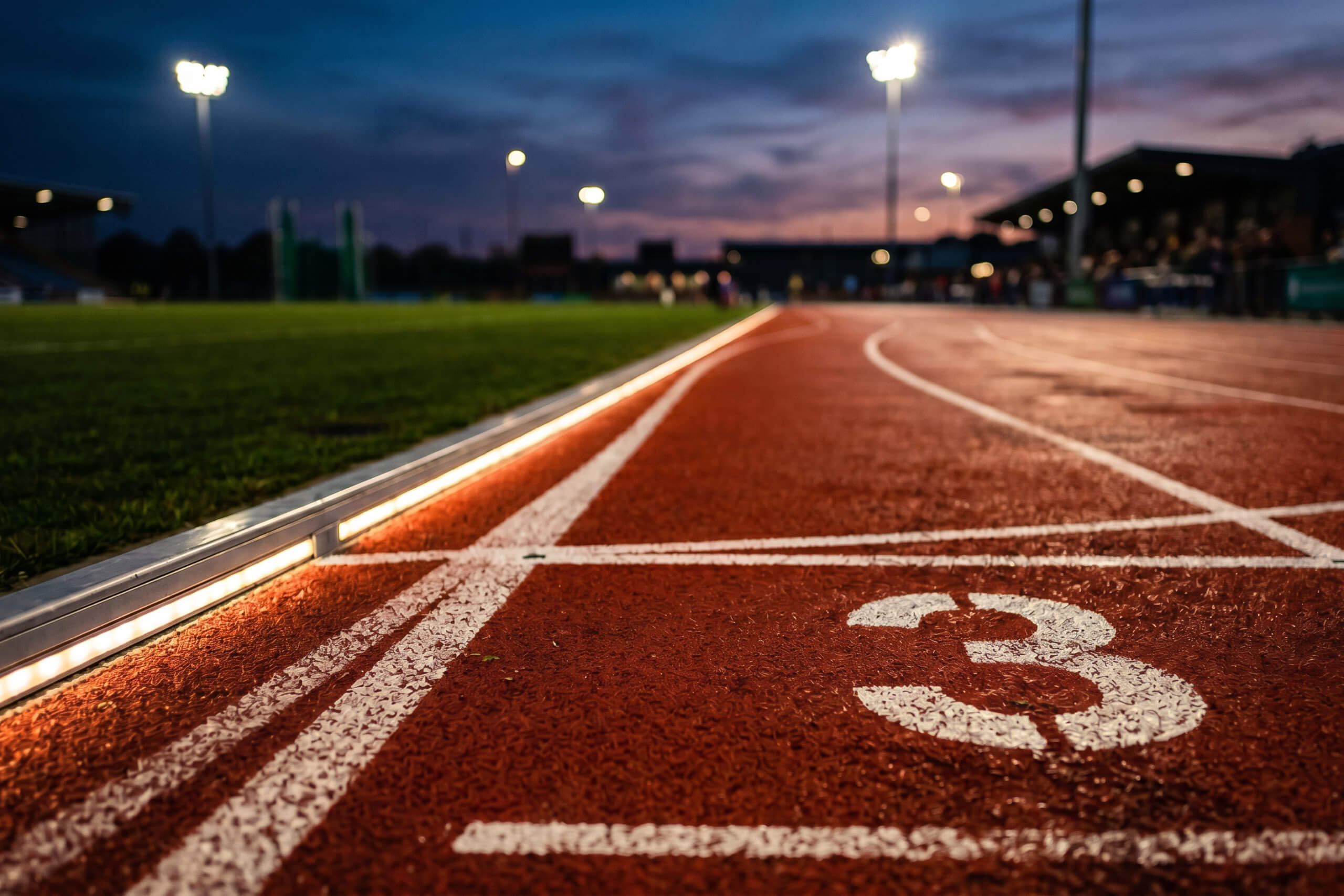 Sportplatzbeleuchtung mit beleuchteter Laufbahn und Flutlichtmasten bei Dämmerung.