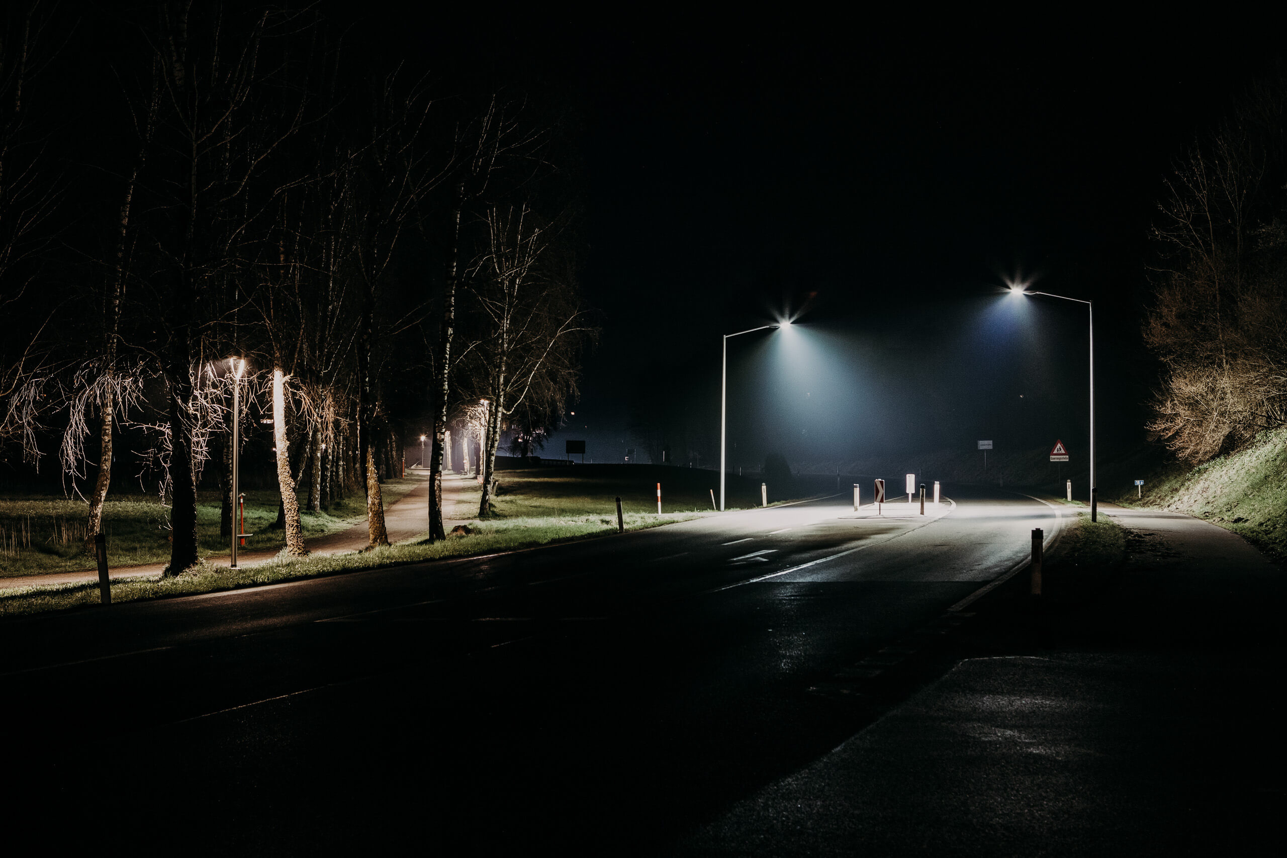 LED-Umrüstung: Nachtszene mit Straßenlaternen und Bäumen