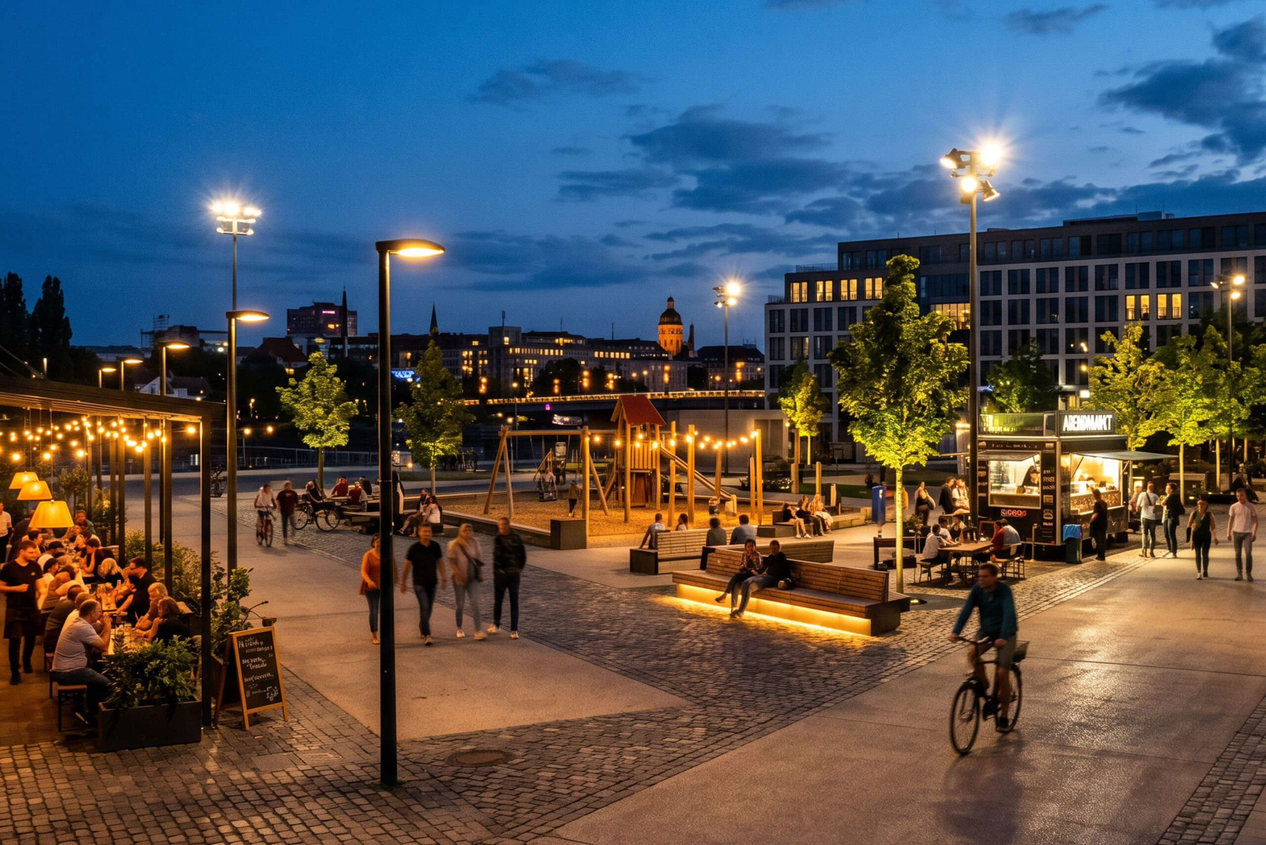 Beleuchtete Parkanlage mit Spielplatz, Gastronomie und Sitzbereichen bei Nacht