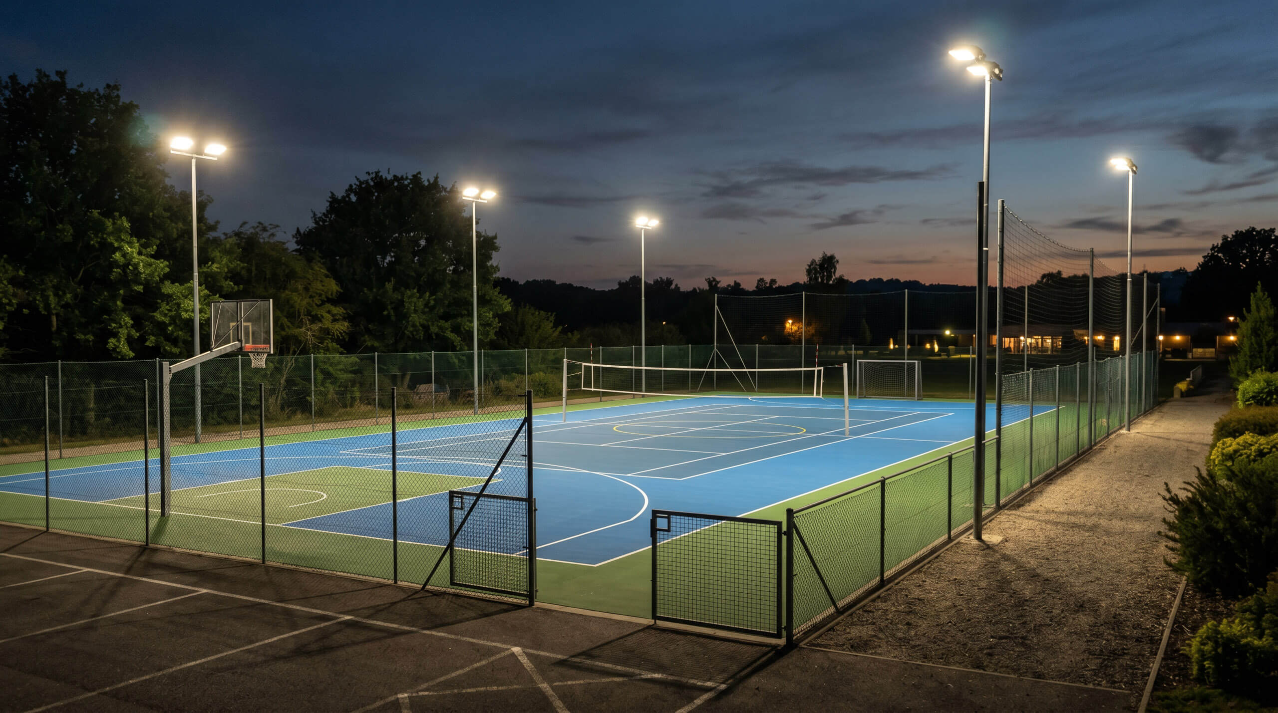 Sportplatzbeleuchtung mit Flutlichtstrahlern bei Dämmerung