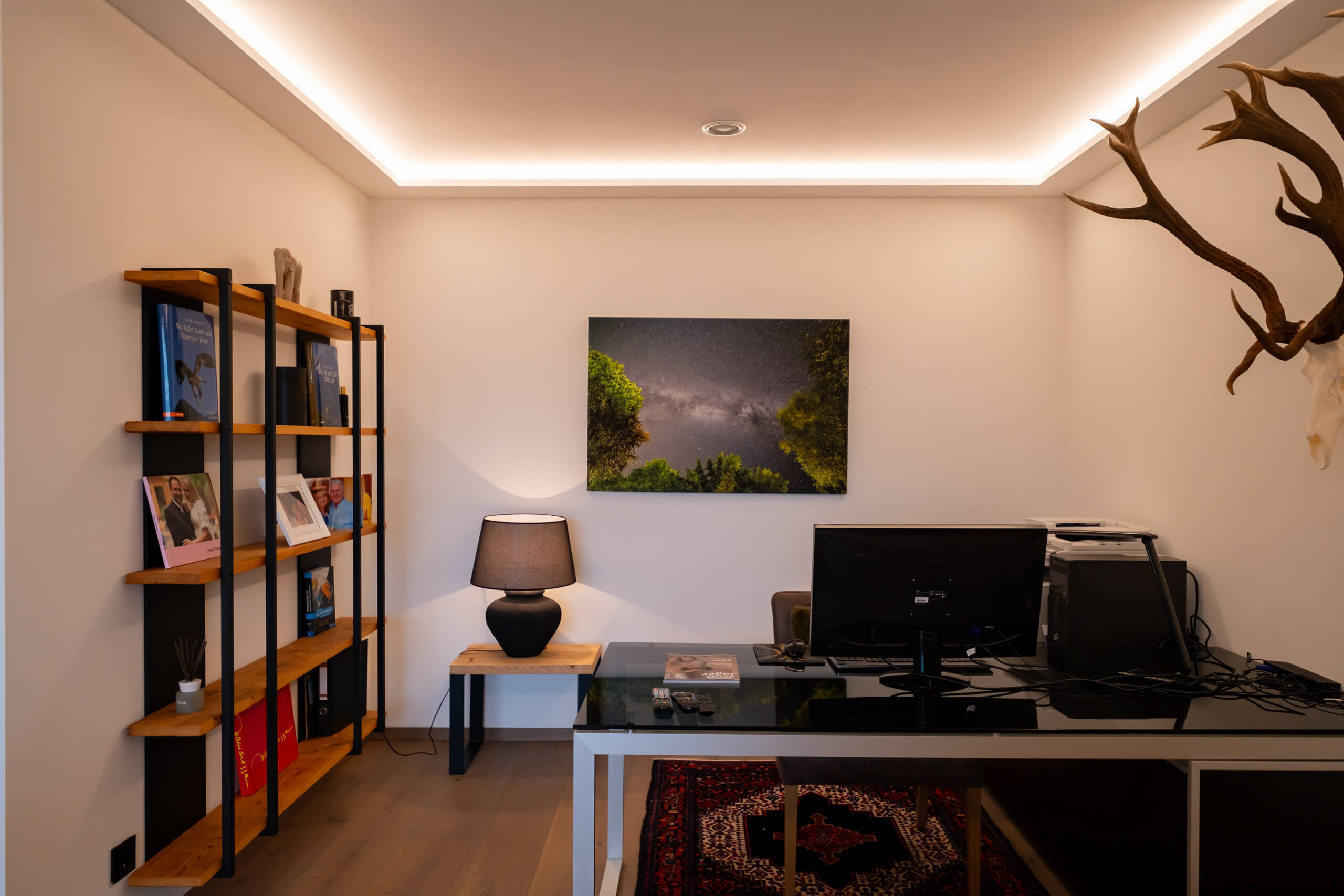 Illumina: Modernes Büro mit Regal, Schreibtisch und Naturmotiv-Bild