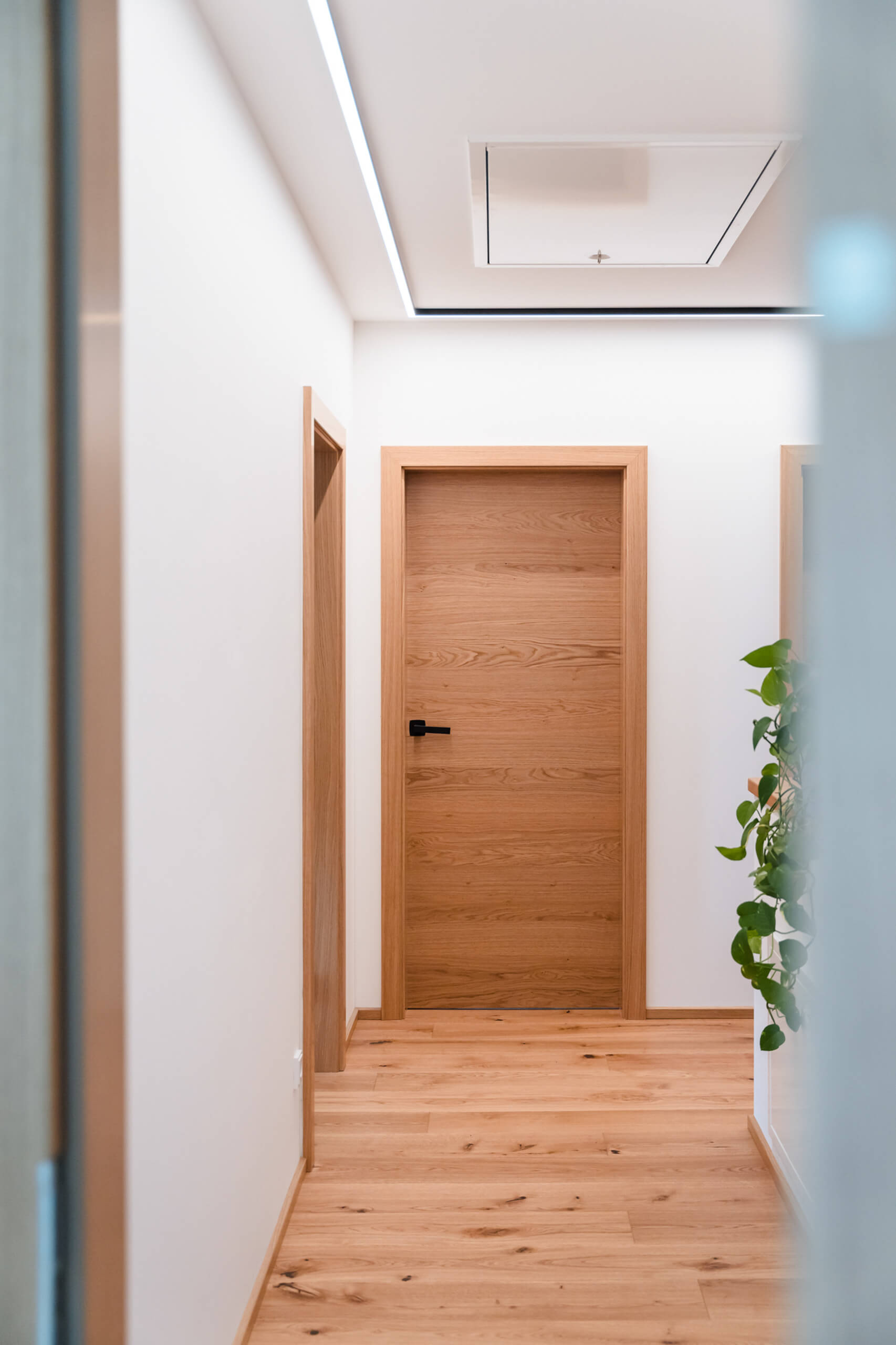 Moderne Diele mit Holztüren und indirekter Beleuchtung