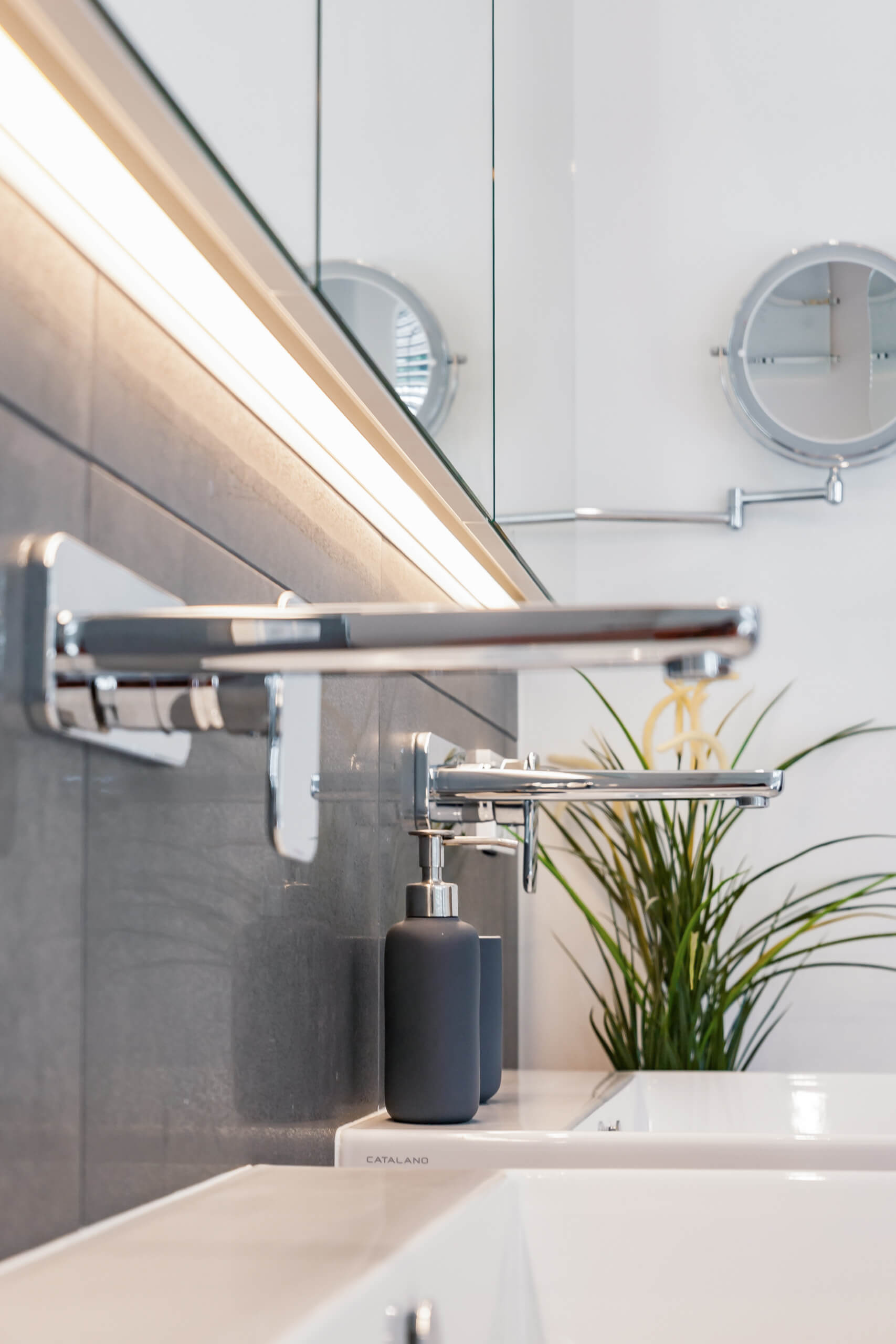 Moderne Badeinrichtung mit Wandarmatur, Seifenspender und Pflanze