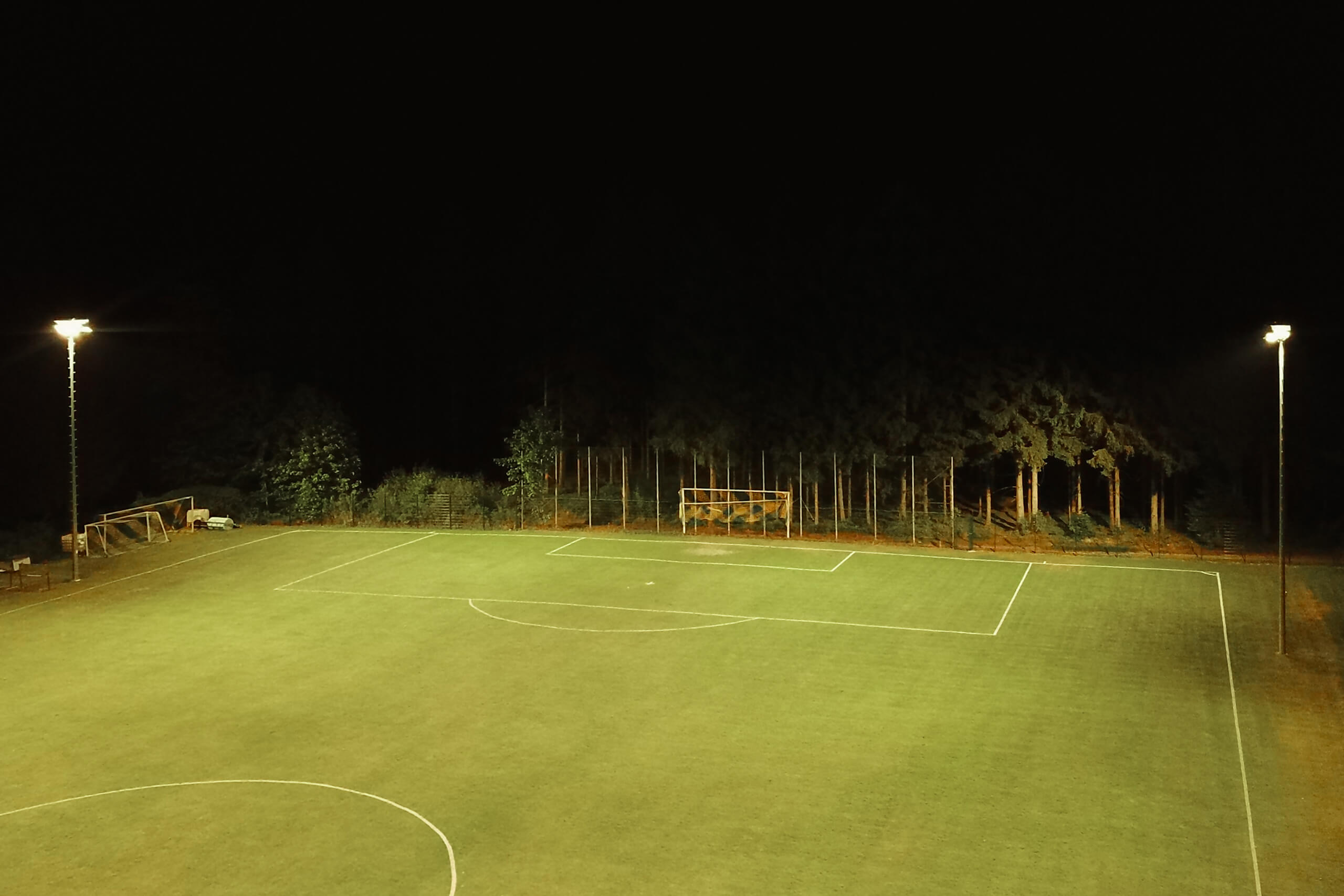 Fußballplatz bei Nacht mit Flutlichtbeleuchtung und Wald im Hintergrund.