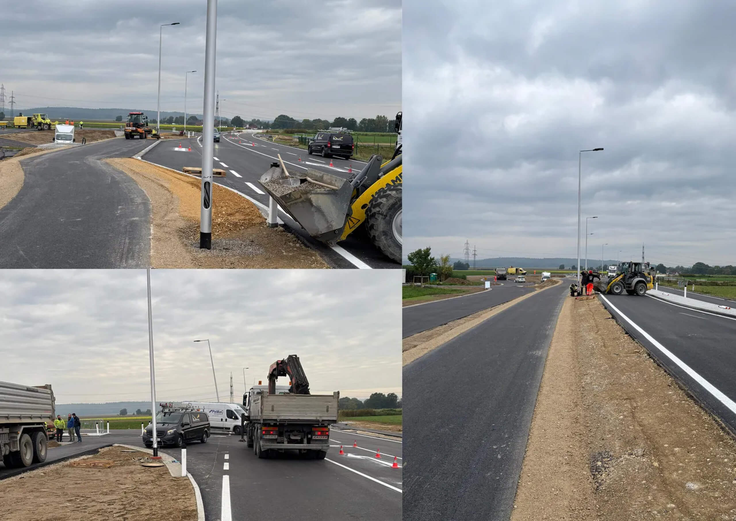 Straßenbauarbeiten mit Baumaschinen und Lkw im Freien.