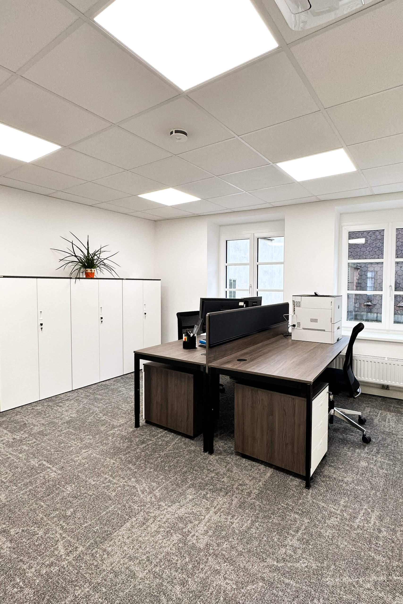 Modernes Büro mit Arbeitsplätzen, Schränken und Deckenleuchten