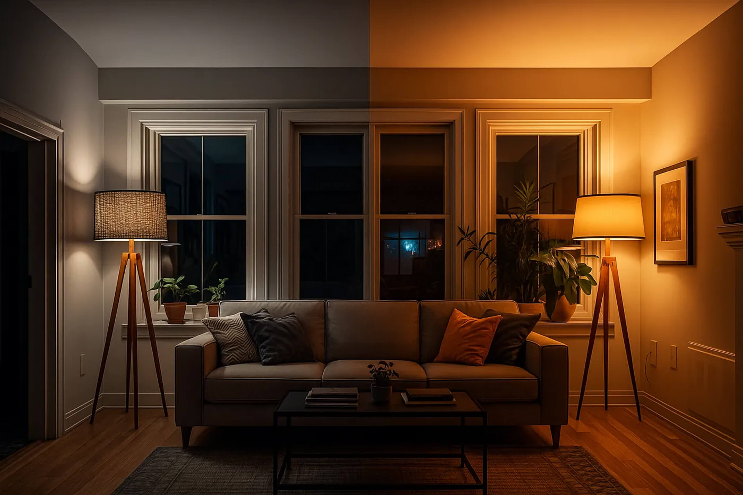 Gemütliches Wohnzimmer mit warmer, gedämpfter Beleuchtung und stilvollen Stehleuchten.