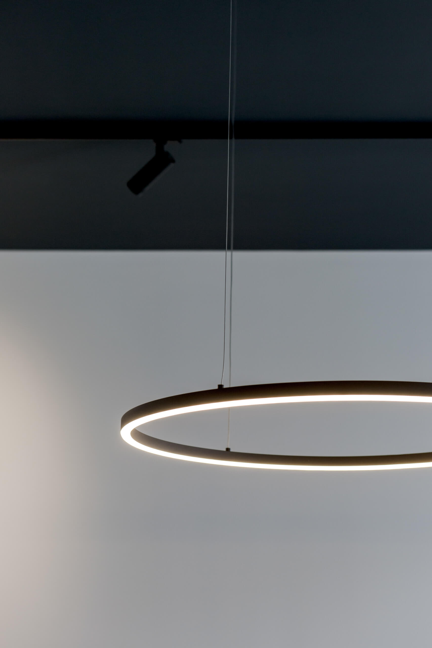 Schwarzer Ring-Pendelleuchte mit warmweißem Licht vor neutralem Hintergrund